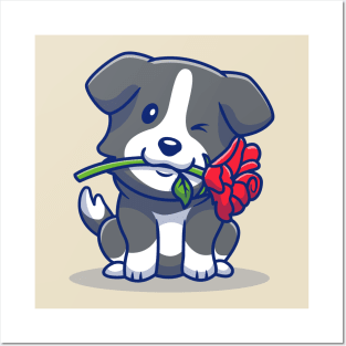 Cute Collie Dog With Red Rose Posters and Art